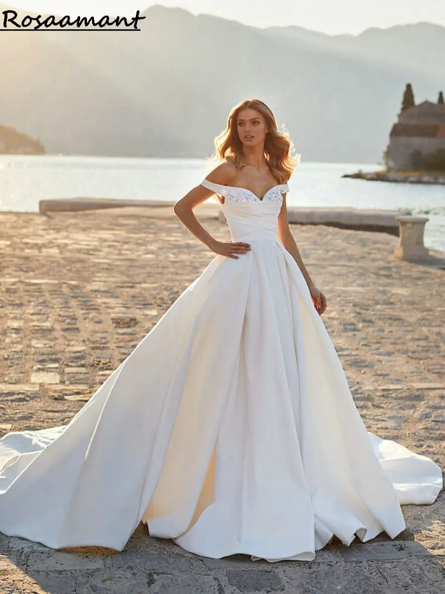 

Богемное Плиссированное стандартное бальное платье, свадебные платья с открытыми плечами и бисером, простой сатин страна