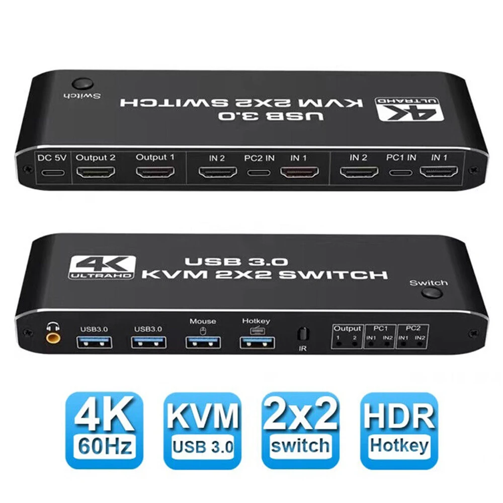 2x2 HDMI-совместимый KVM-переключатель 4K 60 Гц двойной монитор Расширенный дисплей USB 3,0 переключатель 2 в 2 выход для 2 компьютеров Share 2 Monitor