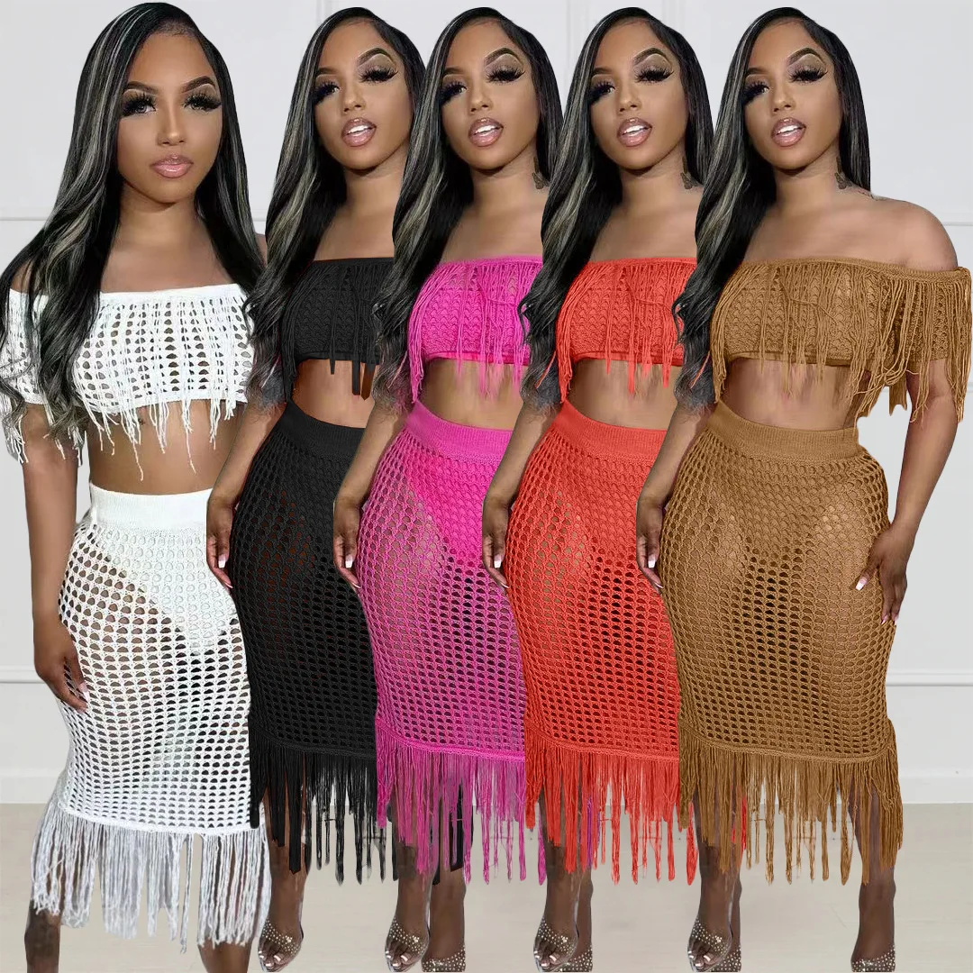 Casual Women Knit Ribbed Two Piece Dresses Set Solid Color Slash Nech Tassel Hollow Out Streetwear Tracksuit Clothes Outfit 1