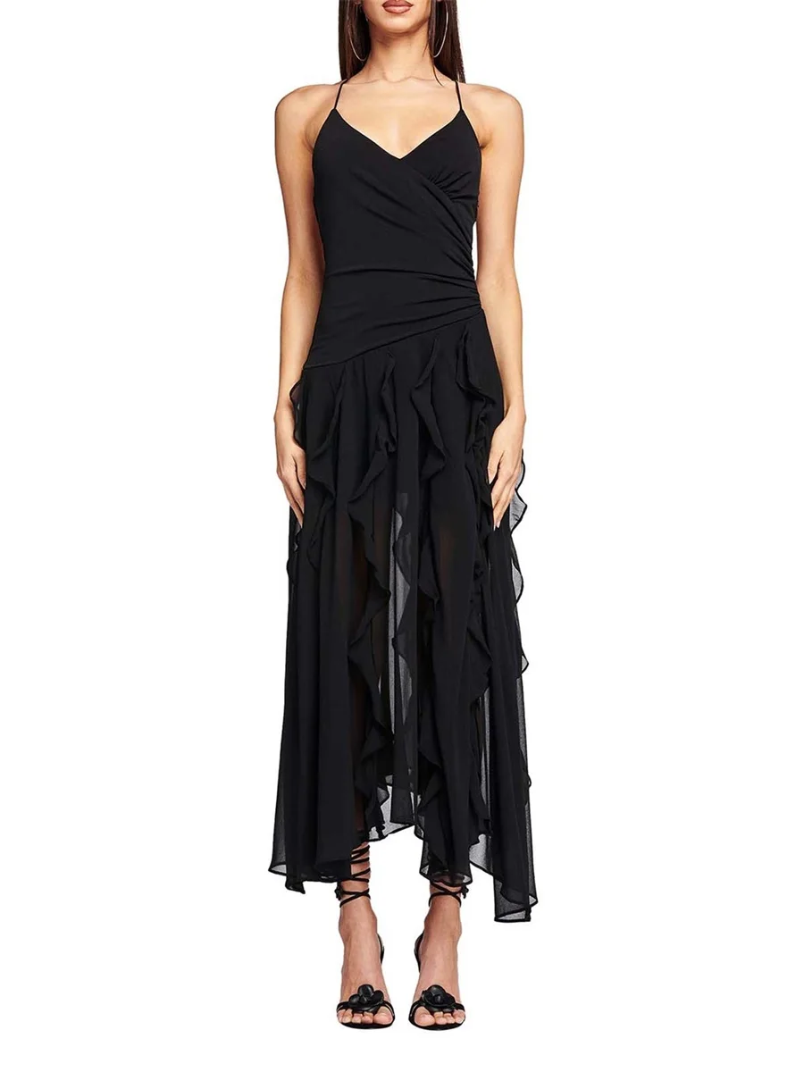 

Women Sexy Backless Bandage Slit Sling Dresses, Sleeveless Off Shoulder Solid Color Casual Elegant V Neck Party Long Dress