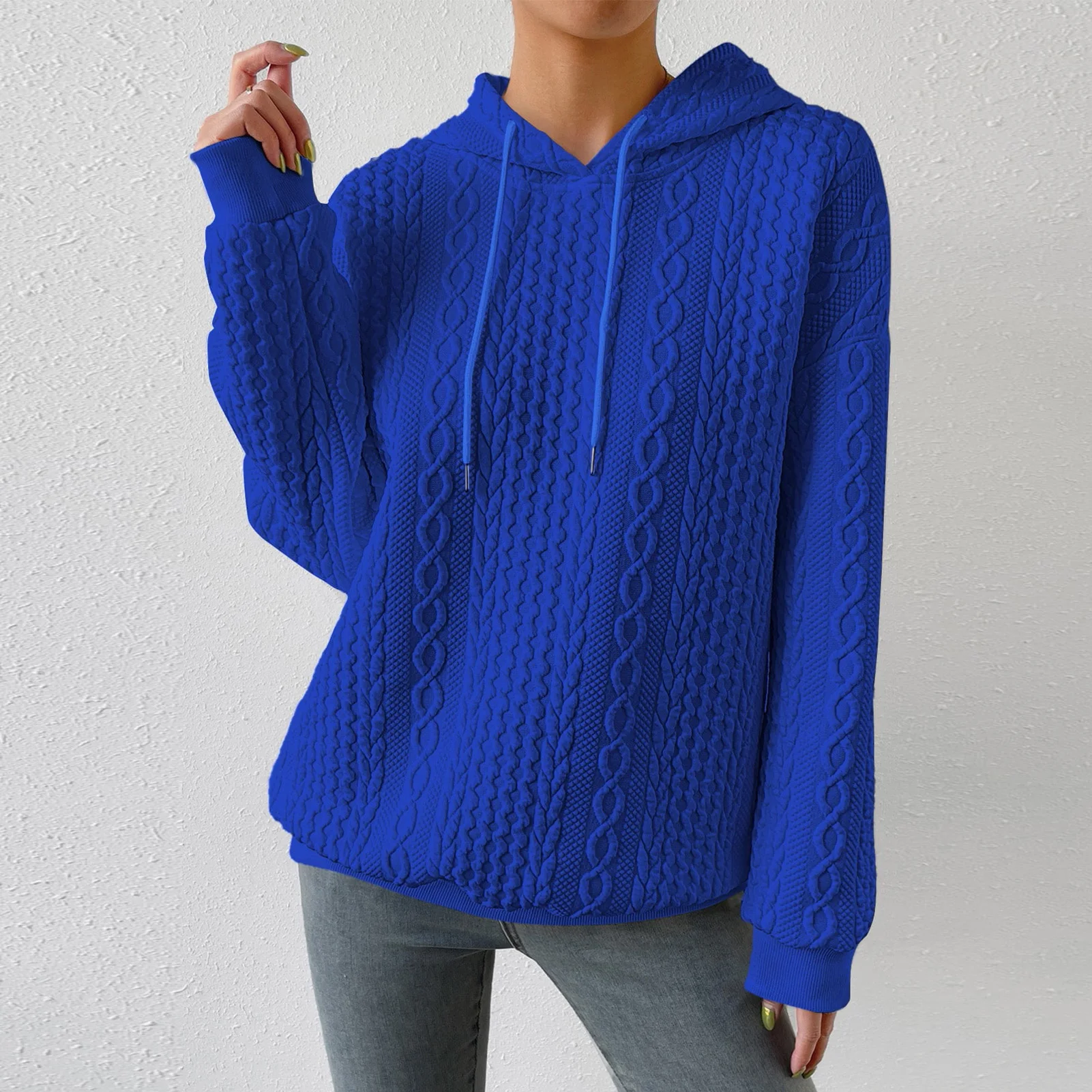 

Women Hoodie Sweatshirt Autumn Long Sleeve Harajuku Trendy Cable Textured Sweat Tops Solid Color Casual Pullover All-Match