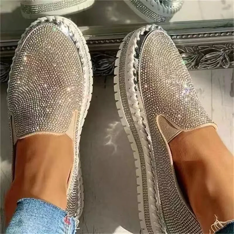 2022 Women's Flat Sparkling with Sneakers Casual Thick Bottom Net Platform Comfortable Loafers Plus Size Vulcanized Shoes Autumn