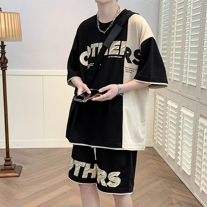 2023 Summer Fashion Two Piece Sets Mens Patchwork Waffle Short Sleeve T-Shirts Shorts Tracksuit Men Harajuku Casual Sport Suits