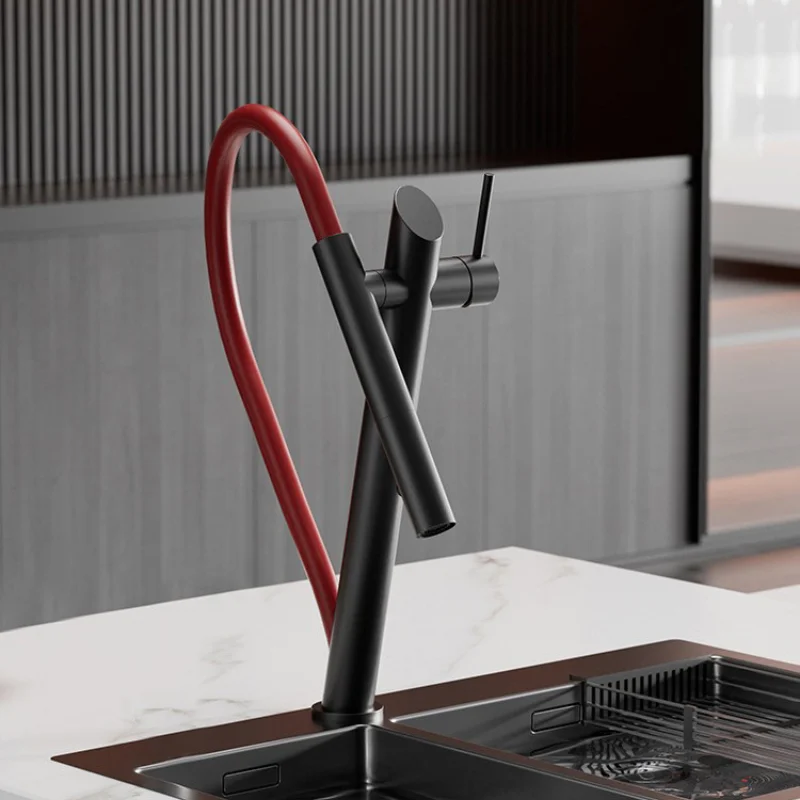 Выдвижной кухонный смеситель кран из латуни черного цвета с магнитным