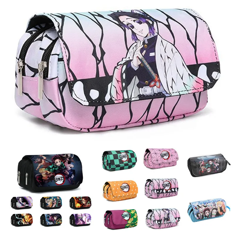 NEW Anime Demon Slayer: Kimetsu No Yaiba Pencil Bag Large Capacity Double Zipper Canvas Pencil Bag Wallet Storage Bag Stationery