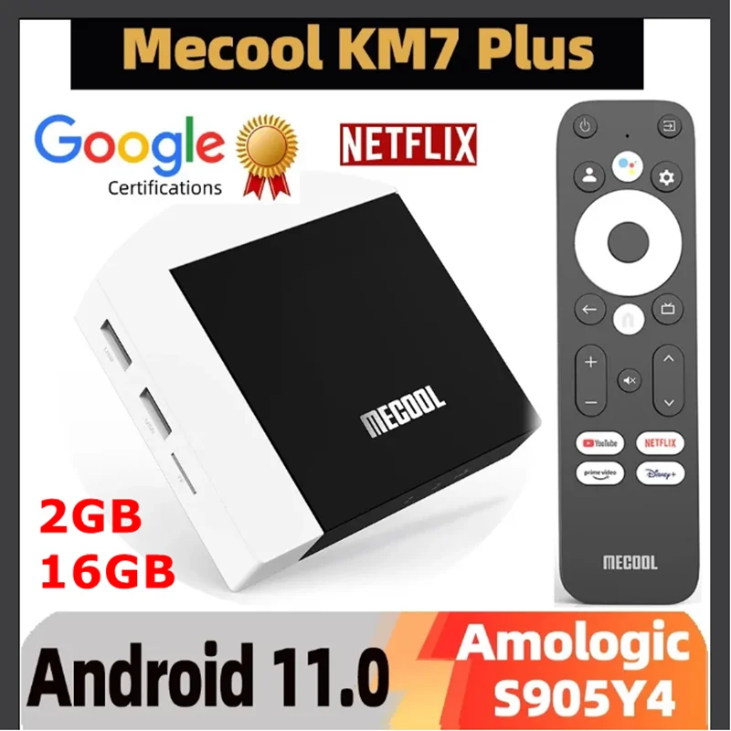 

MECOOL KM7 Plus TV Box Android 11 Netflix 4k Google Certified 2GB DDR4 16GB ROM 100M LAN Internet S905Y4 AV1 Home Media Player