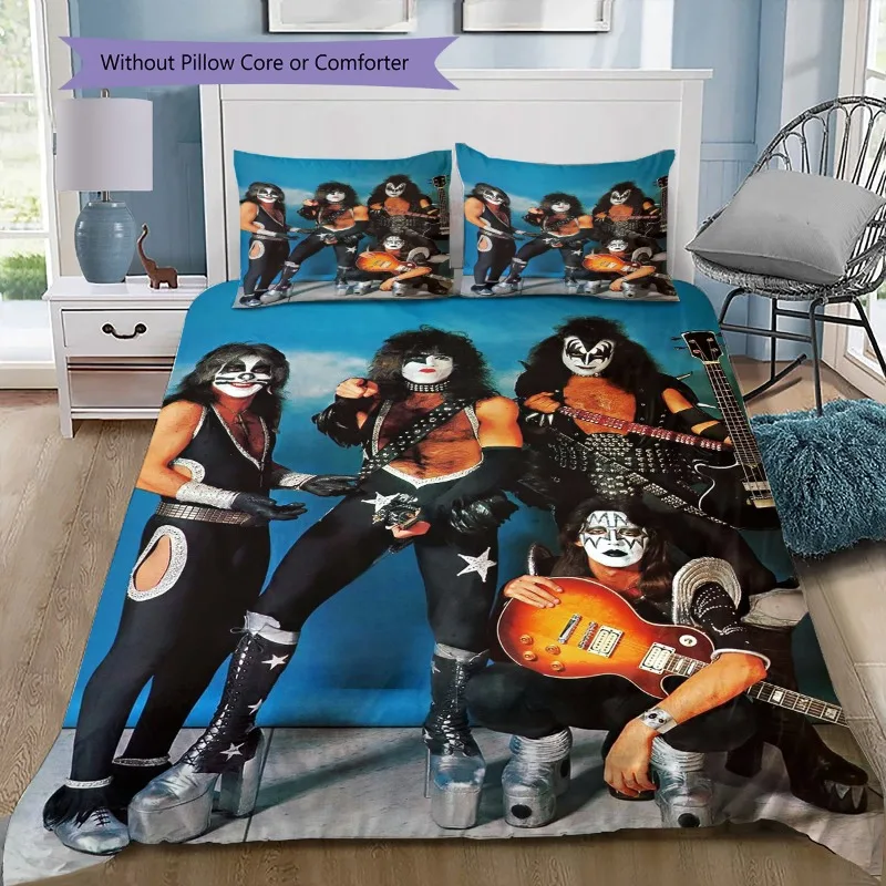 Фото Комплект постельного белья Kiss Band Rock Music с портретом Джина Симмонса, пододеяльник и наволочки, декор для спальни для фанатов хэви-метала №4