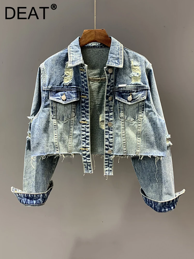 

DEAT Women Denim Coat Ripped Design Single Breasted Burrs Do Old Wash Distressed Short Jackets 2023 Autumn New Fashion29L3013