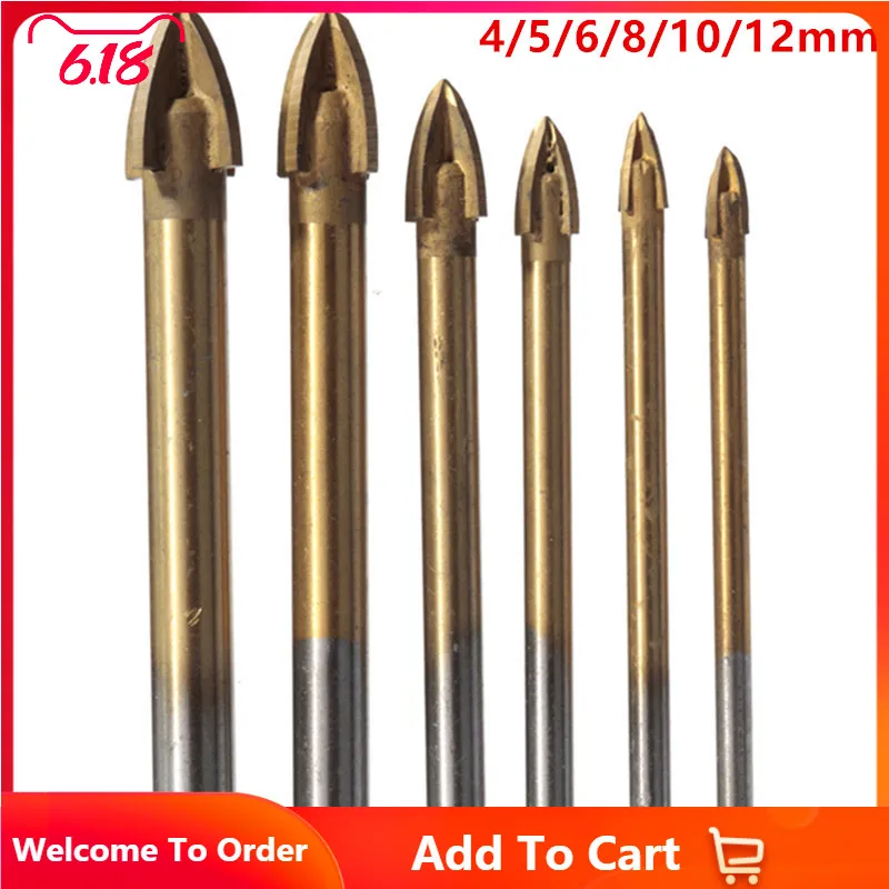 

4/5/6/8/10/12mm Titanium Carbide Glass Drill Bit Cross Spear Point Head Drill Bit For Wall Ceramic Tile Marble