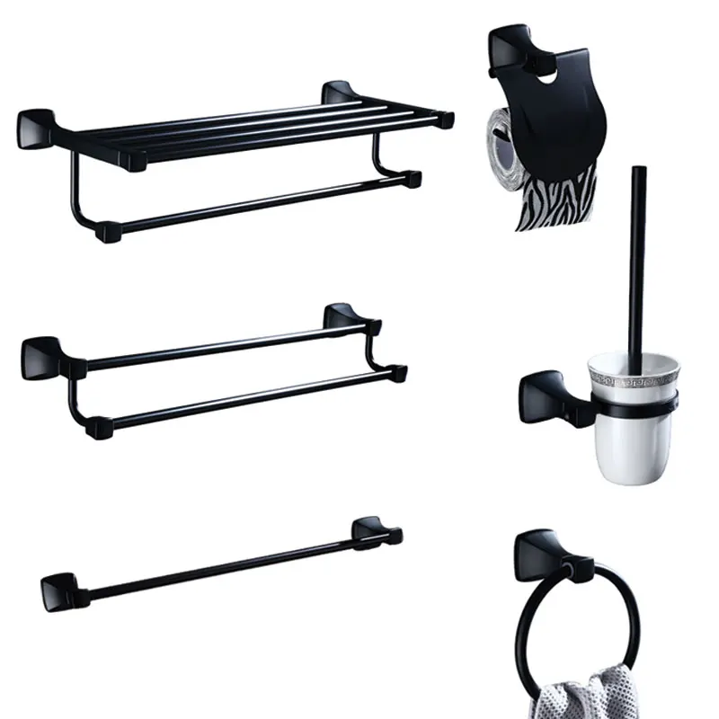 

Bathroom Accessories Black Bath Hardware Set Wall-mounted Nail-free Toothbrush Rack Towel Ring Paper Towel Rack 14-piece Set