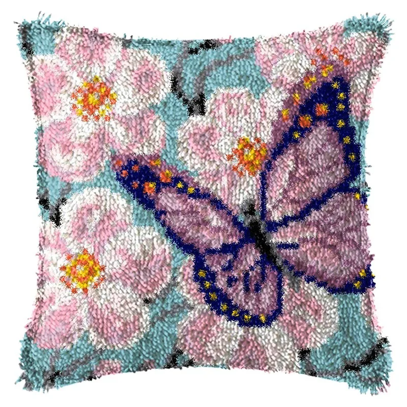 

Latch Hook Kit DIY Pillow Cover Making Craft With Butterfly Pattern Printed Canvas Crochet Yarn Kit For Kids Adults