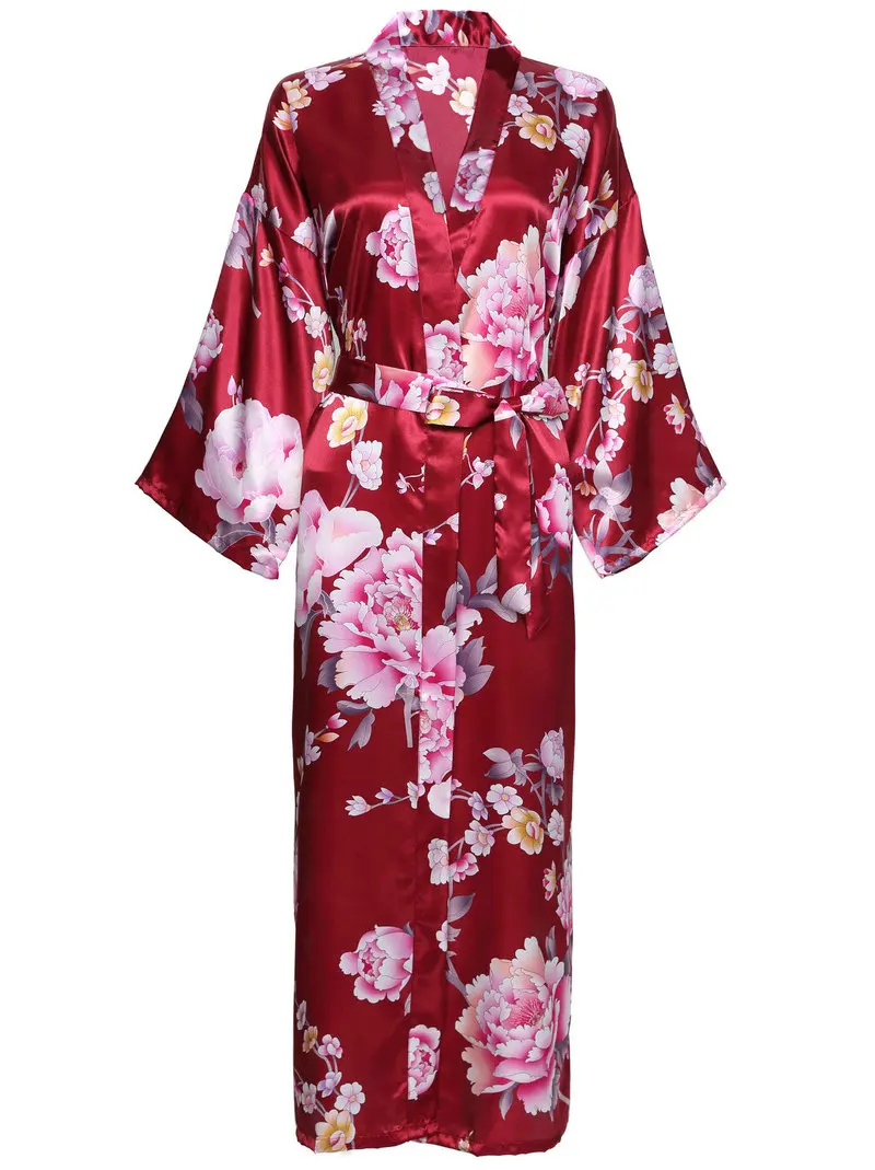 Peony Long Floral Robe Kimono Bridal Pure Satin Silk Bathrobe Night Dress Wedding Robes for Bridesmaids and Bride Sleepwear