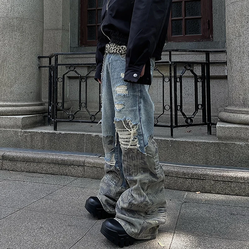 PFNW American High Street Design Camouflage Splicing Destruction Jeans Men's Loose Causal StraightWide Leg Pants Tide 12C1809
