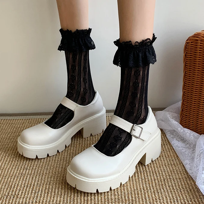 

white Lolita Shoes Women Japanese Mary Jane Shoes Women Vintage Girls Students JK Uniform High Heel Platform Shoes Cosplay 43