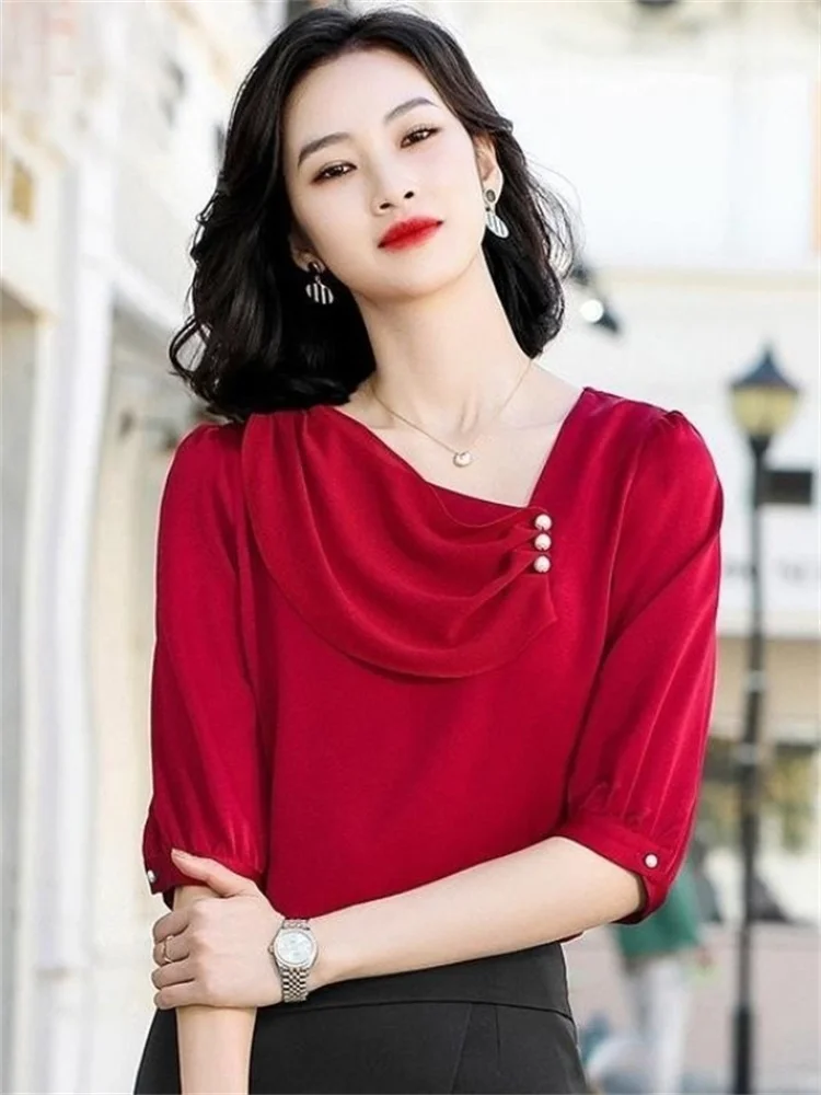 

Рубашка шифоновая с оборками и воротником-лодочкой, Элегантная блузка в Корейском стиле с коротким рукавом, с бусинами, красная, для офиса, 7 ...
