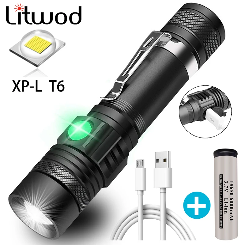 

USB Charging Ultra Bright LED Flashlight With XP-L T6 LED Beads Waterproof Torch Zoomable Lamp 4 Lighting Modes Multi-function