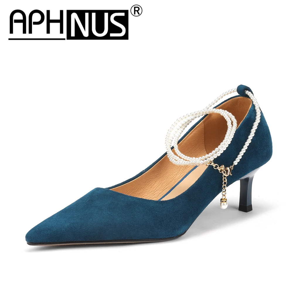 

APHNUS Womens Chains Beading Pearl Pointed Toe Sexy Office Work Suede Mid High Heels Pumps Woman 2022 Shoes For Women New