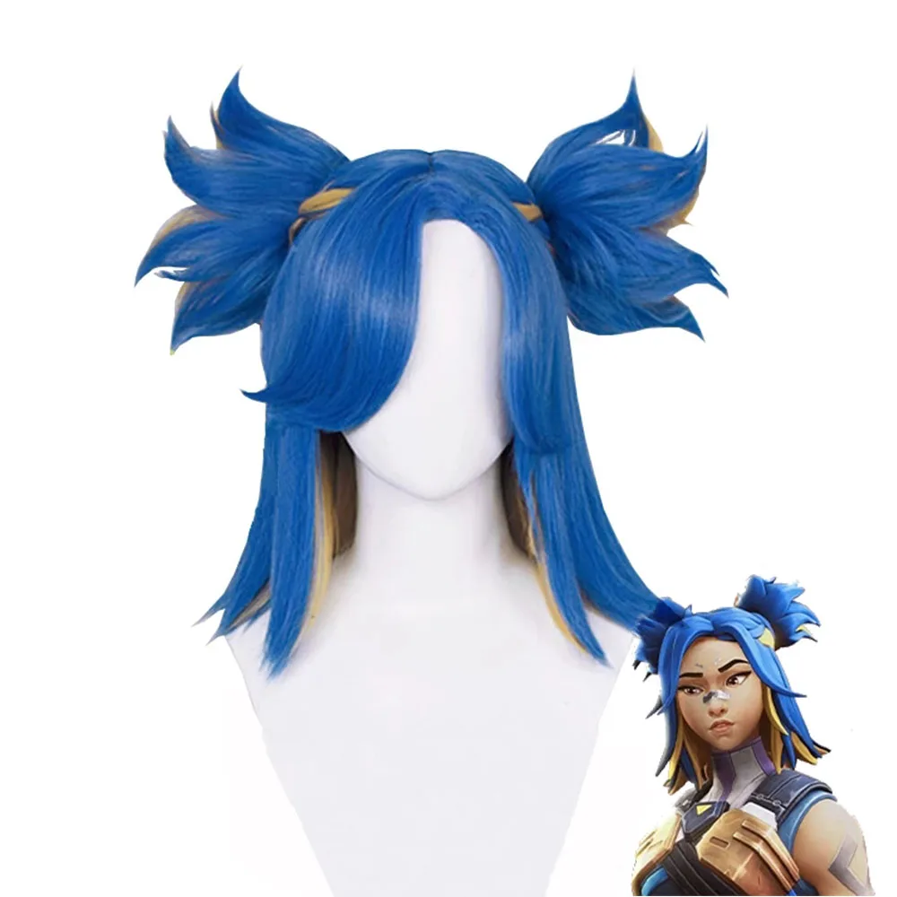 Game Valorant Neon Cosplay Wig Short Blue Blonde With Two Ponytail Clip Heat Resistant Hair Halloween Role Play Wigs + Wig Cap