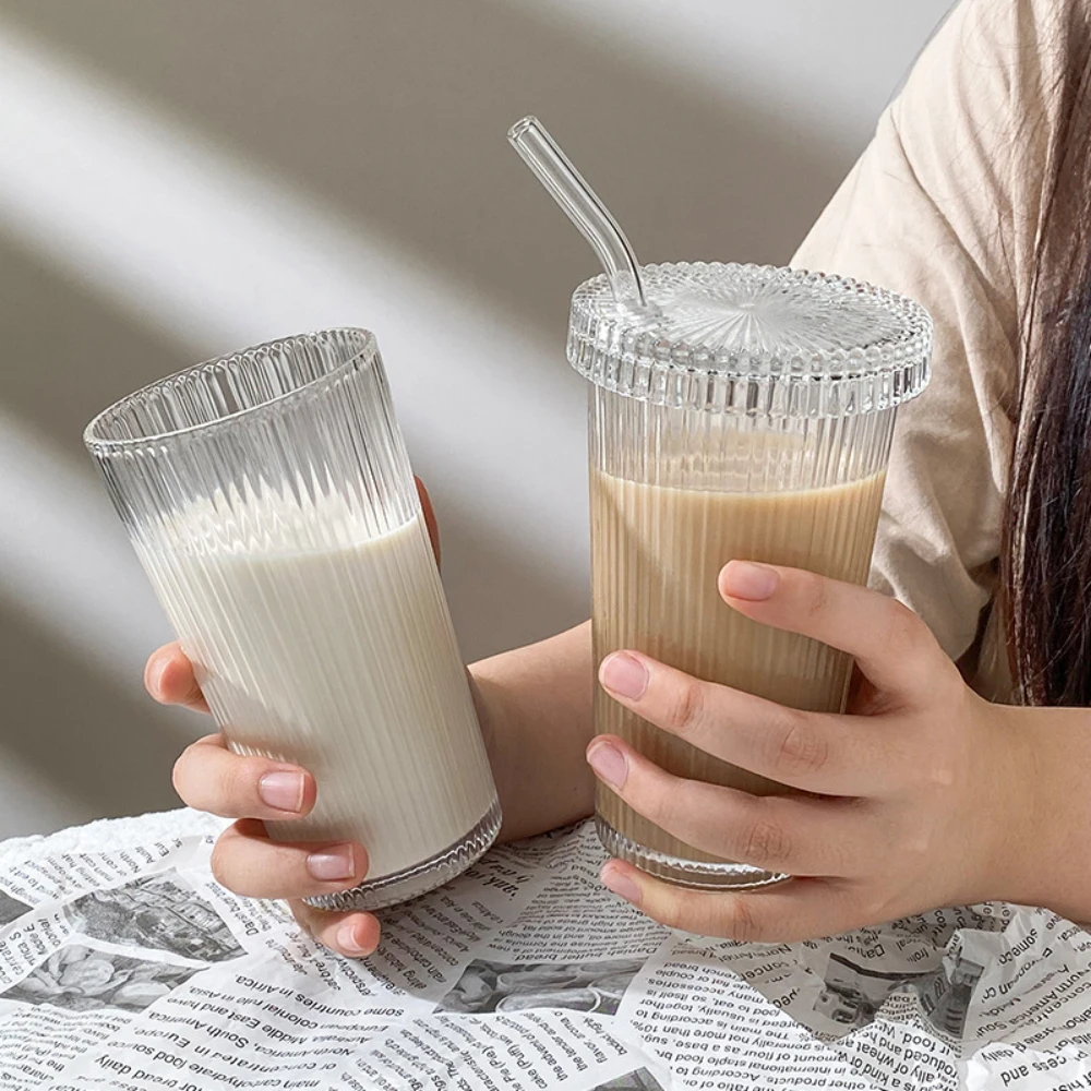 

375ML Stripe Glass Cup With Lid Straw Transparent Latte Coffee Bubble Tea Cup Juice Glass Beer Can Milk Mocha Cups Breakfast Mug