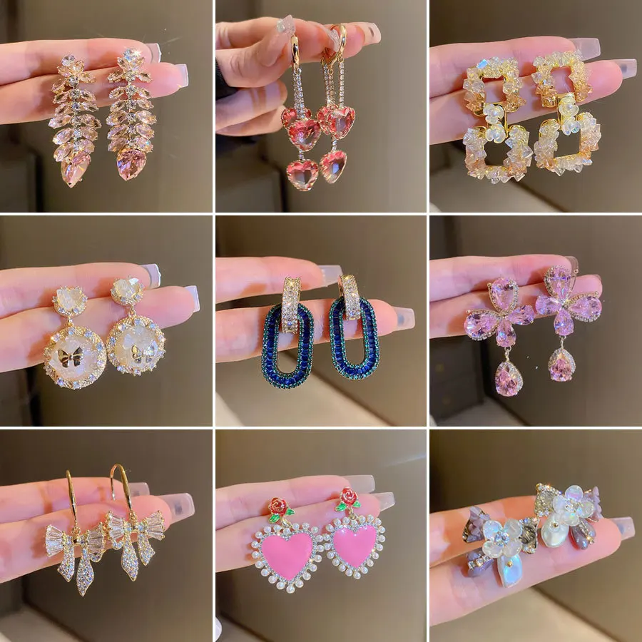 

Minar Sweet Multi Styles Butterfly Heart Bowknot Geometric Dangle Earrings for Women Full CZ Stone Rhinestones Tassel Earring