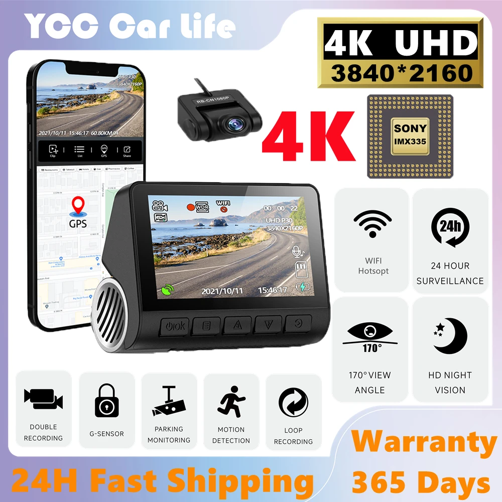 4K Dash Cam 3.0 Inch LCD WiFi Car DVR Camera 24H Parking Support GPS Track 3840X2160 Rear Cam Dual Vision 170 FOV Auto Recorder