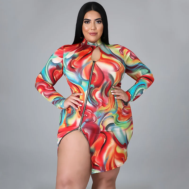 

KEXU 2023 Spring New Side Zipper Print Long Sleeve Sexy Cut Out Skinny Short Plus Size Dress Bag Hip Night Party Women Clothes