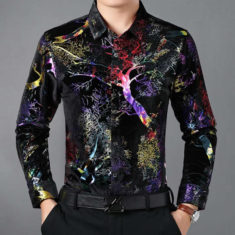 

New Luxury Gold Velvet Men's Shirts Casual Print Long Sleeve Shirt Men Shiny Tuxedo Shirts camisa masculina