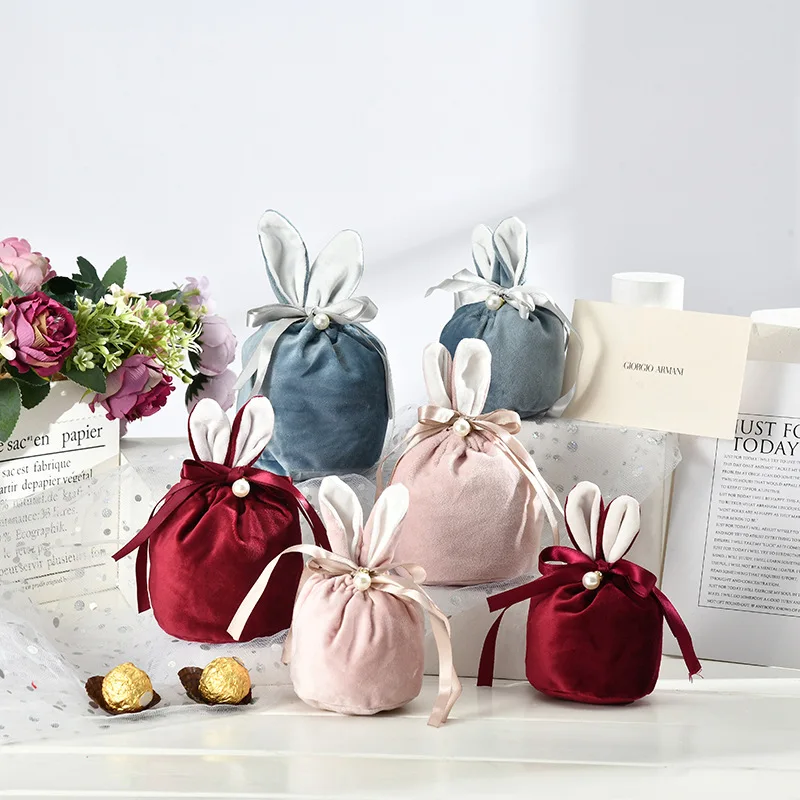 

5Pcs Blank Rabbit Ears Gift Packing Bags Easter Bunny Gifts Bag Valentine's Day Chocolate Candy Velvet Pouches Wedding Decor