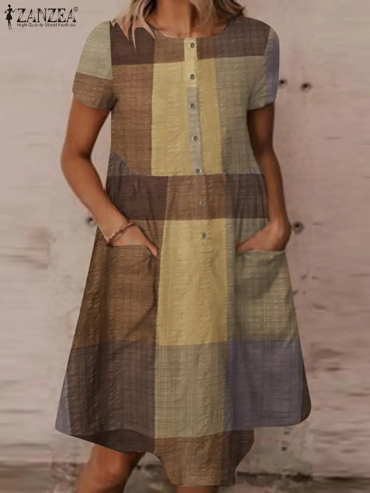 

ZANZEA Grid Printed O-Neck Short Sleeve Sundress Summer Women Dress Bohemian Casual Elegant Loose Beach Holiday Vestidos 2022