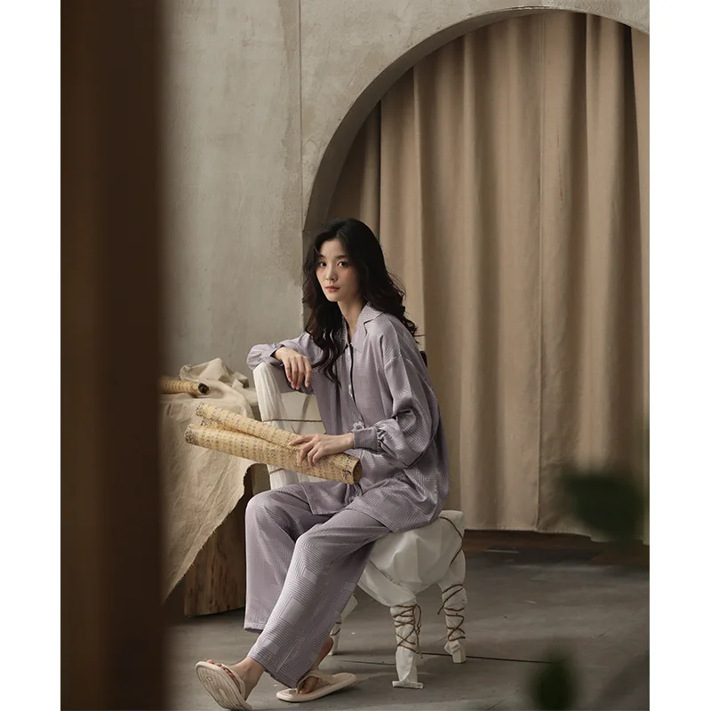 Purple Color Women's Sleepwear Spring Autumn Pyjamas Set Satin Silk Jacquard Satin Pajamas Set Two Pieces Long Sleeve Night Wear
