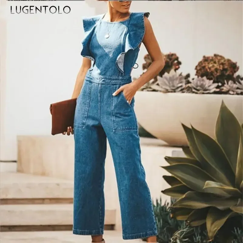 

Women Sexy Jumpsuits Backless Round Neckk Summer Thin Denim Casual Straight-leg Overalls Sleeveless Ruffles Design