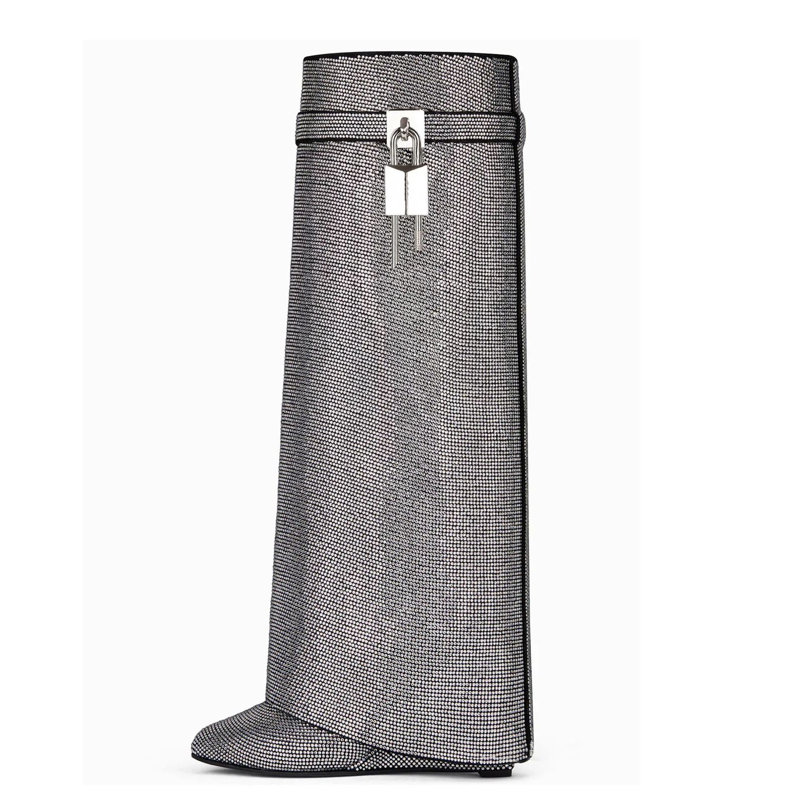 Модные женские сапоги до колена на танкетке со стразами украшенные высокие с