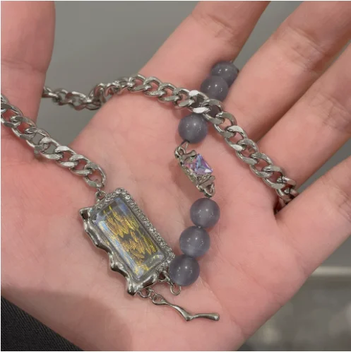 

Sweet and fashionable hot girl colorful drip beaded chain titanium steel necklace stitching clavicle chain