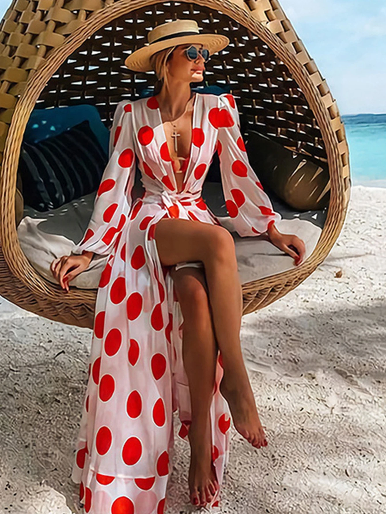 Beach Dress 2022 Bikini Cover Up Print Bathing Suit Women Kimono Plus Size Tunic Sexy Long Sleeve Swimwear Cover-Ups