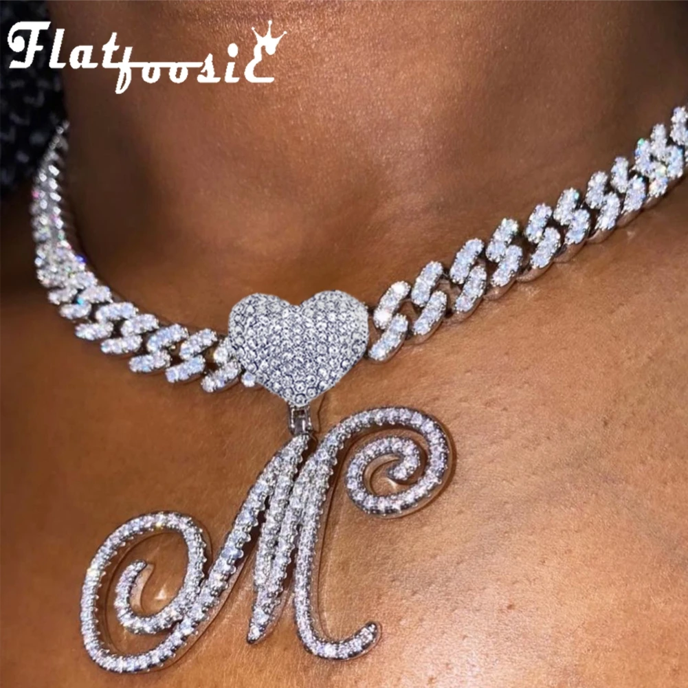 

Flatfoosie Iced Out Heart Cursive Letter Initial Pendant Necklace Women Bling Cuban Link Chain Necklace Choker Hip hop Jewelry