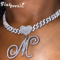flatfoosie iced out heart cursive letter initial pendant necklace women bling cuban link chain necklace choker hip hop jewelry