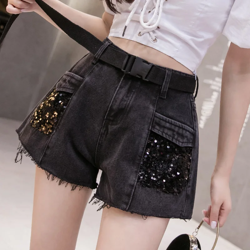 Sexy Women High Waist Sequins Denim Shorts Straight Jeans Women Zipper Pockets Short Fashion Harajuku Streetwear Shorts Female
