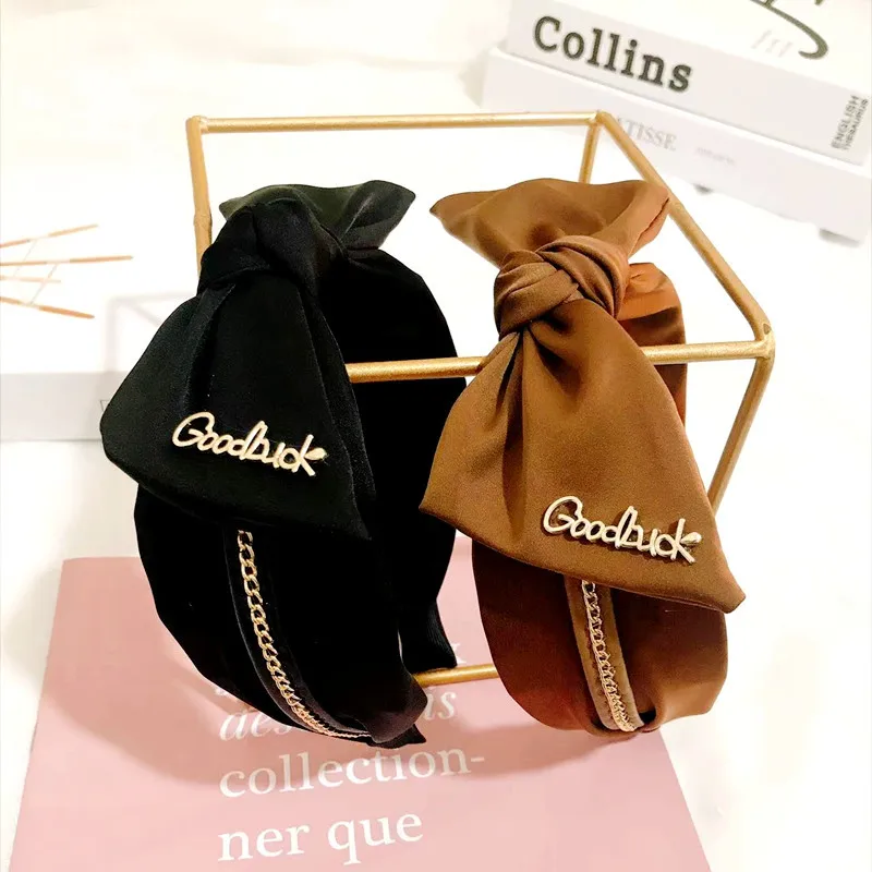 

Женская повязка на голову с бантом и цепочкой, однотонная обруч для волос из ткани с надписью, корейский стиль, Лидер продаж