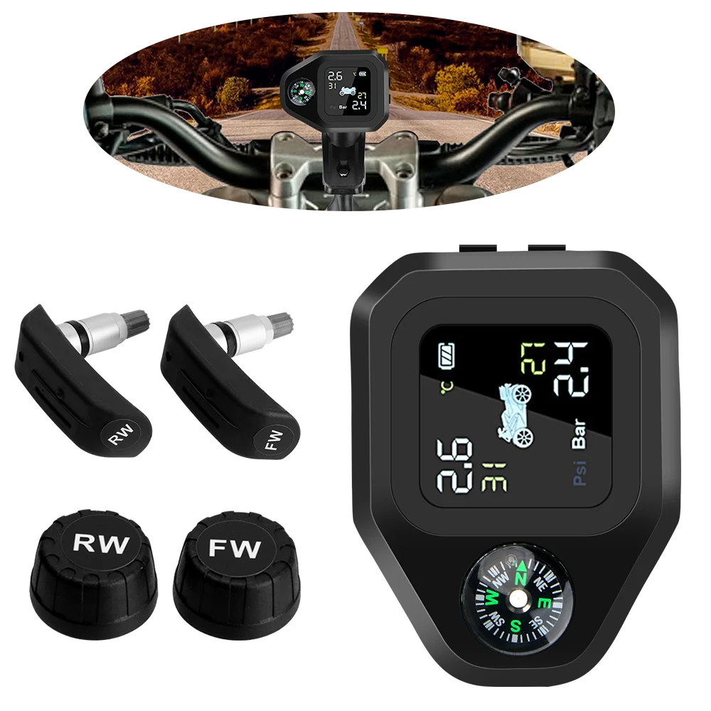 

Tyre Temperature Alarm Motor Tire Pressure Monitoring System 2 External Internal TH/WI Sensors USB Charge Motorcycle TPMS