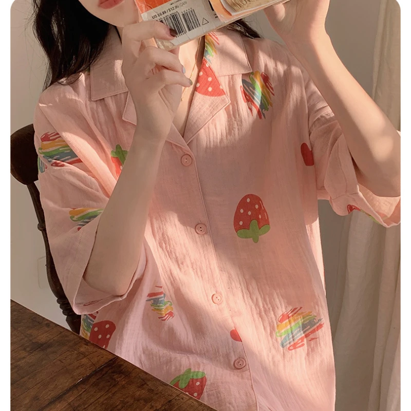 Women Pyjamas Summer Cool Feeling Cotton Short-sleeve Cardigan Trousers Thin Homewear Sweet and Cute Style Sleepwear Loungewear