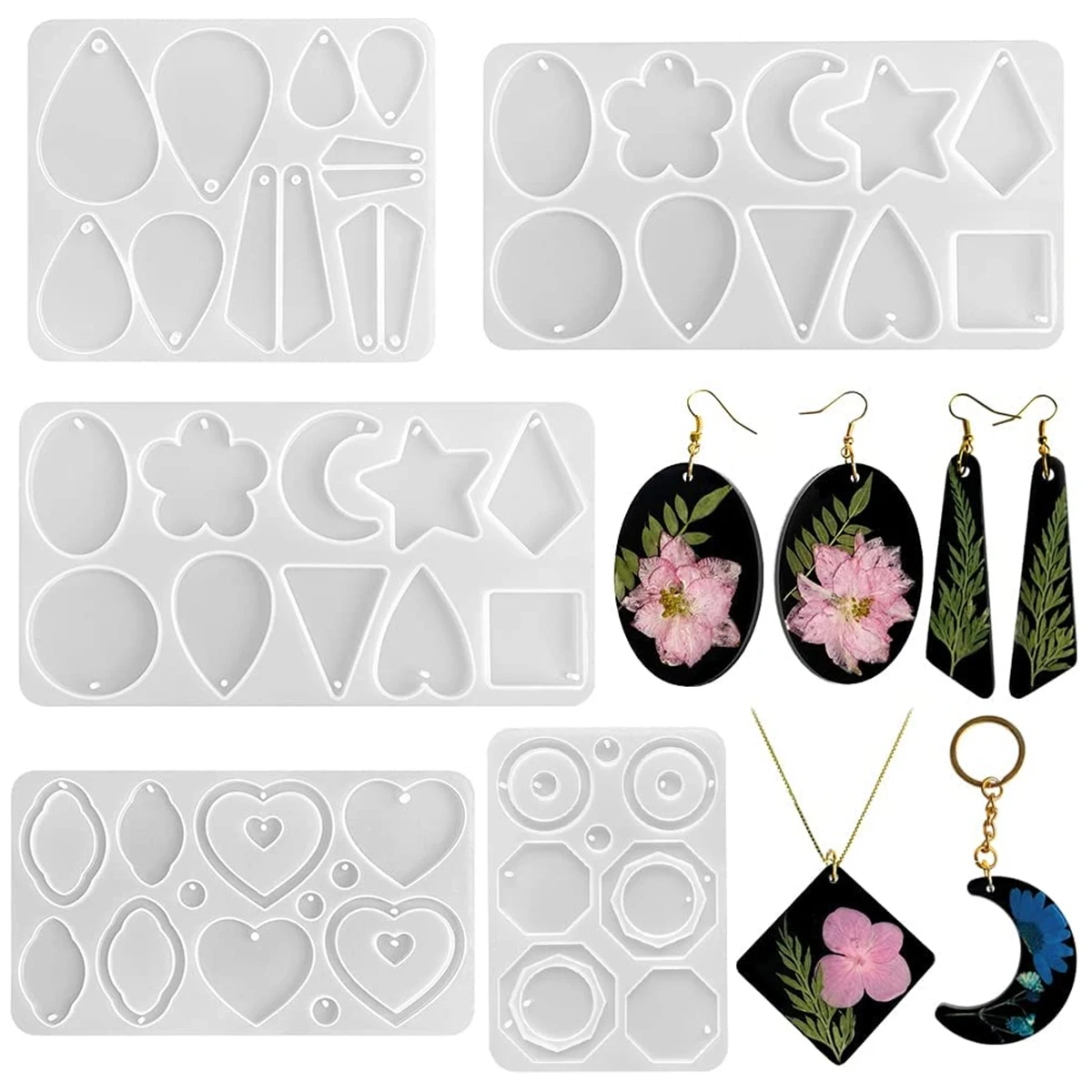 

5Pcs Resin Jewelry Mold Silicone Jewelry Mold Jewelry Resin Casting Mold Reusable Durable DIY Resin Teardrop Heart Star Moon