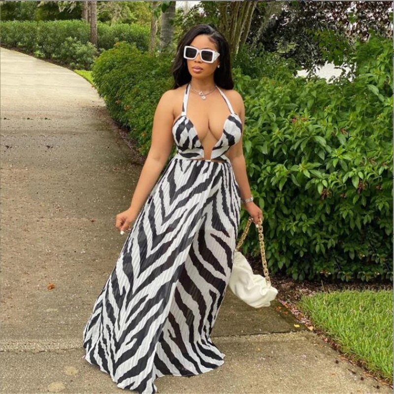 

Женское платье с глубоким V-образным вырезом, черно-белое платье с открытой спиной и принтом