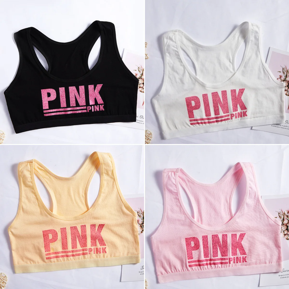 

Teenage Girl Sling Training Bra Soft Cotton Letters LOVE PINK Cute Bralette Underwire Free Underwear for Puberty Girls 8-16Y