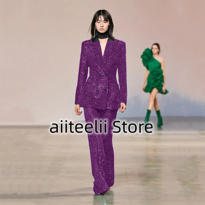 Women's Suit 2 Piece Set Sexy Sequins Retro Spike Lapel Fashion Slim Double Breasted Floor Length Trousers For Casual Party 2023