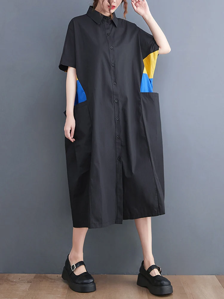 Женское винтажное платье-рубашка в горошек черное свободное повседневное