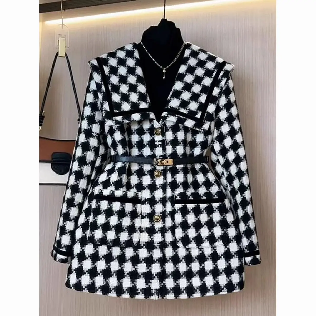 

Женская верхняя одежда с матросским воротником, кардиганы Y2k, женская одежда, пальто, Корейская одежда, жакеты в стиле ретро с рисунком «гусиные лапки», блейзер с поясом, топы