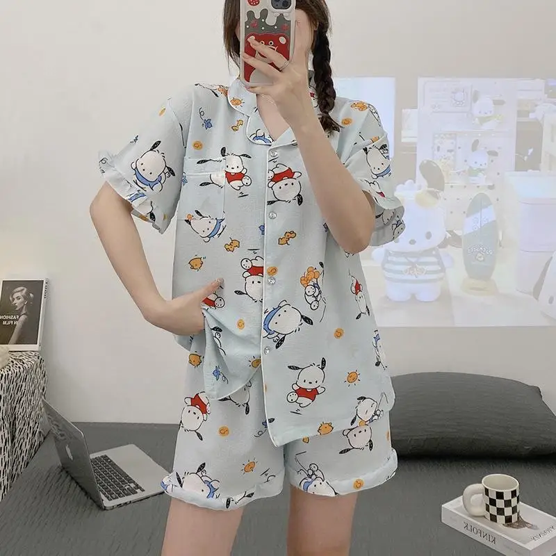 

Пижамный комплект Sanrio Kawaii полакко Kuromi Cinnamoroll с короткими рукавами летняя Милая аниме кардиган с лацканами Свободная Домашняя одежда