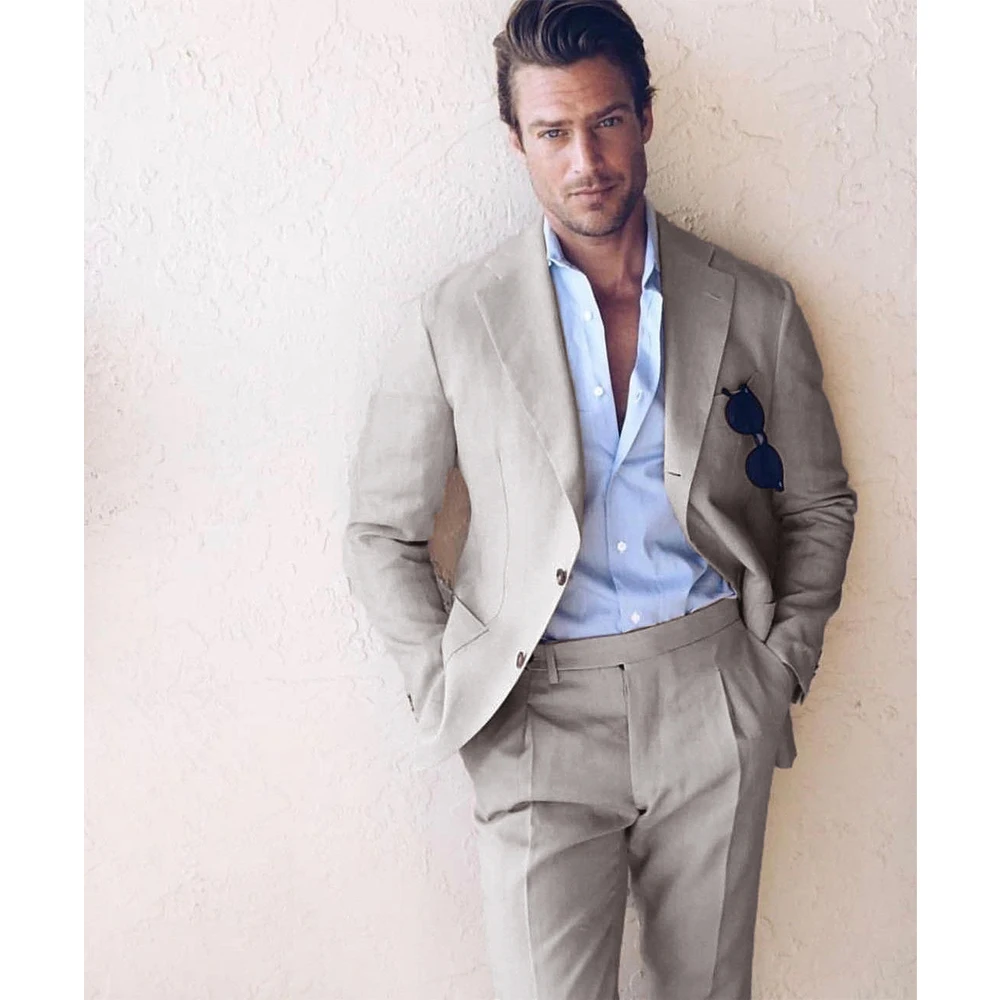 Мужской льняной однобортный костюм винтажный свадебный из двух предметов пиджак