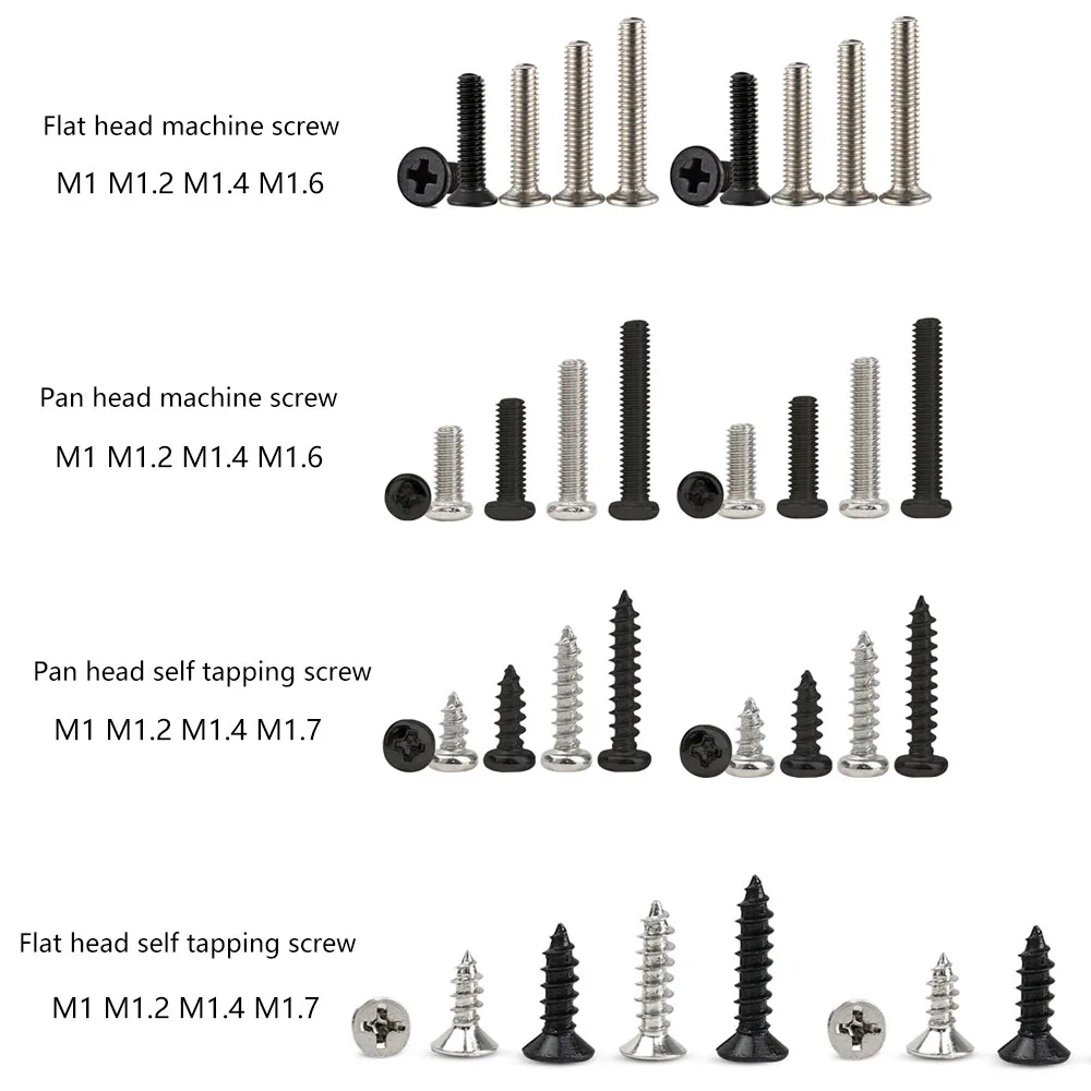 

1000pcs Mini Small Micro Black Steel Nickel Plated Small Phillips Flat Countersunk Cross Round Pan Head Self-tapping Wood Screw