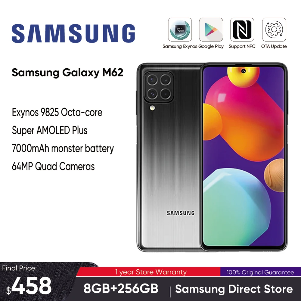 Samsung Galaxy M62 M625FD 4G Smartphone Exynos 9825 Octa-core 7000mAh Battery Cellphone Super AMOLED Plus 64MP Quad Camera Phone